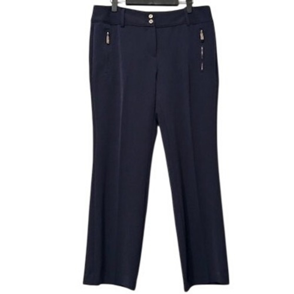 Anne Klein Womens Navy Blue Straight Leg Dress Pants Gold Zip Pockets 10P Petite